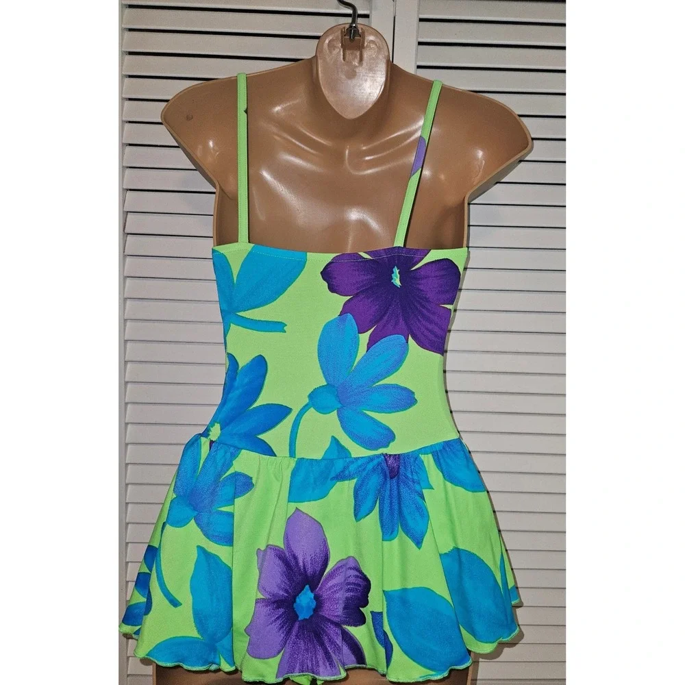 Vintage Cole of California Neon Green Blue Floral Swim Dress One Piece Size 8
